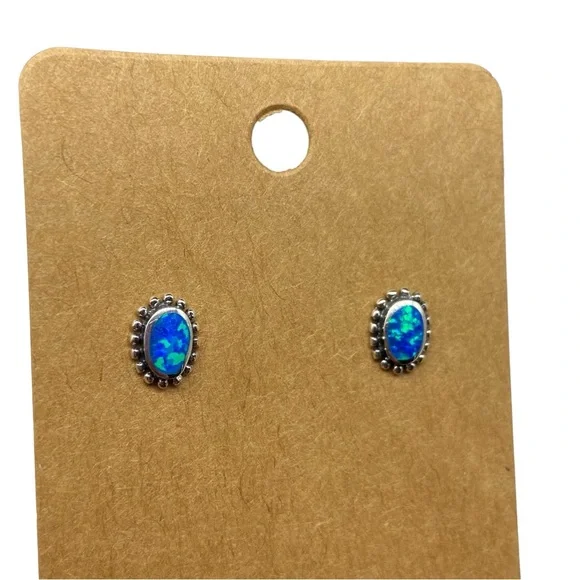 Blue Fire Opal Stud Earrings Solid Sterling Silver 925 Dainty Stone Boho Jewelry - Picture 5 of 7